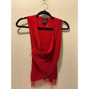 Radzoli Vibrant Red Ribbed Sleeveless Top with Fringe Accent